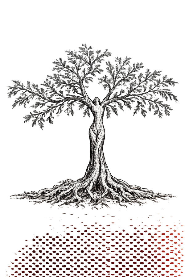 Authentic Living Therapy logo: a cypress tree whose trunk forms the figure of a woman, with deep spreading roots